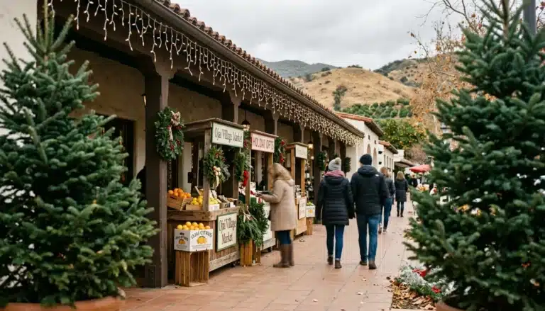 Festive downtown Ojai arcade with string lights and market stalls, a guide to holiday season events and activities in Ojai