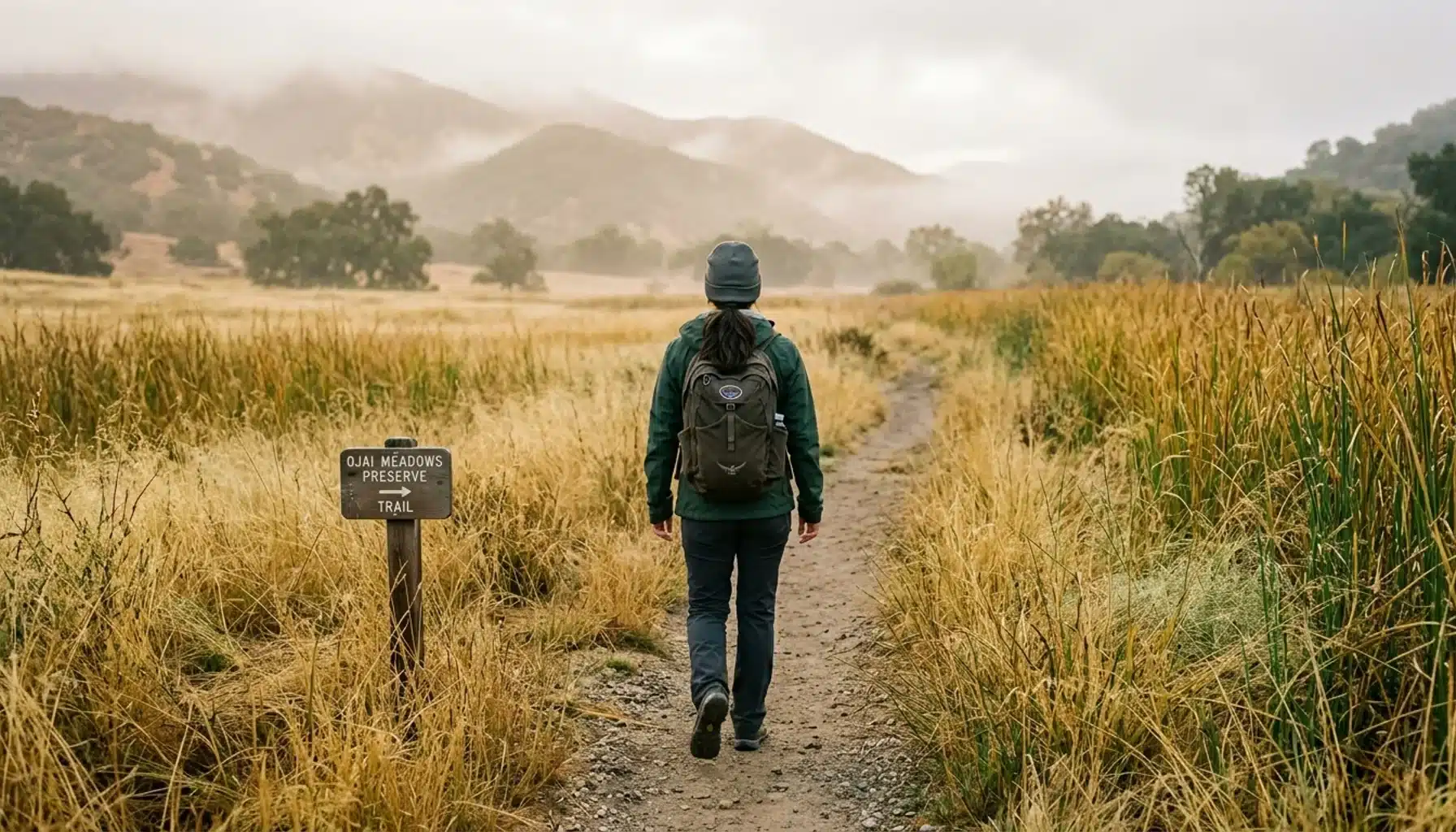 Hiker walking a flat trail segment at Ojai Meadows Preserve on an overcast morning