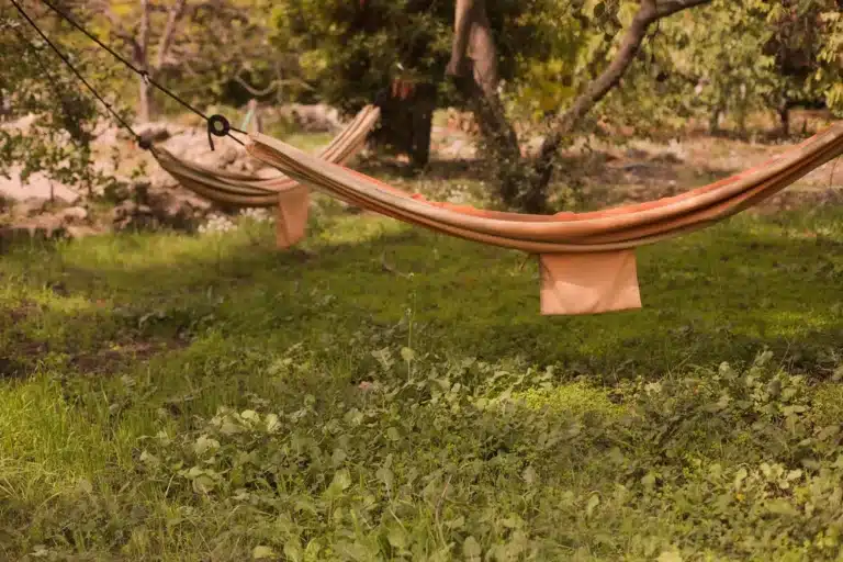 Outdoor hammock with orange straps hung between trees in a lush garden at Ojai Vacation Home