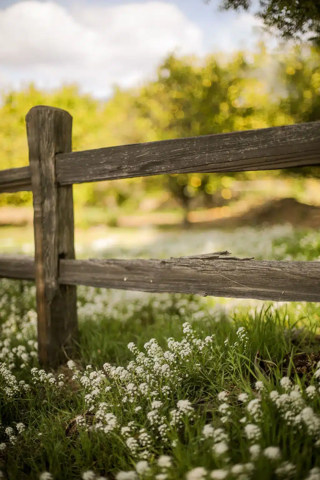 Weathered dark wood split-rail fence framing green fields and white wildflowers at an Ojai Vacation Home property in Ojai, CA