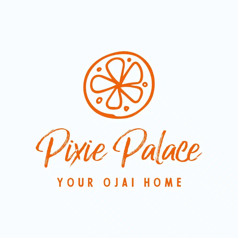 Pixie Palace logo with an orange citrus slice icon and the tagline Your Ojai Home, a vacation rental brand identity in Ojai,