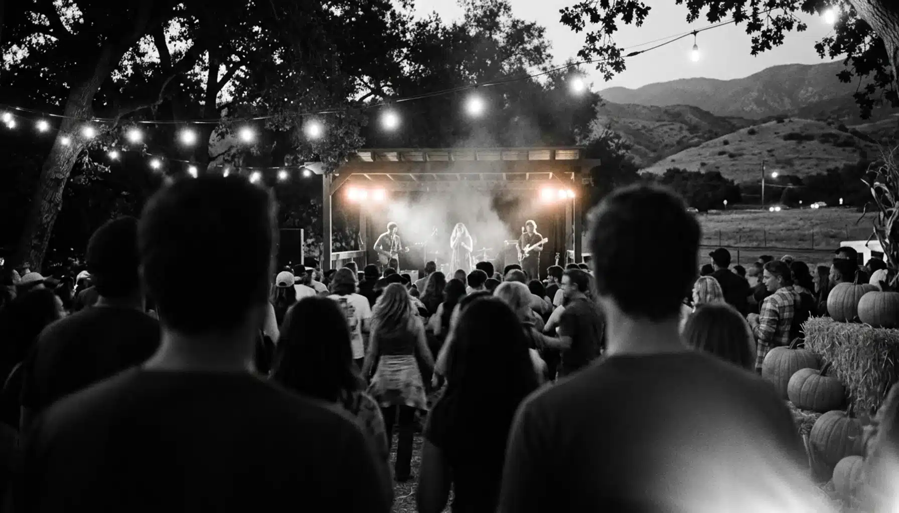 Crowd silhouettes at an evening stage among oak trees, one of the seasonal harvest festivals near Ojai