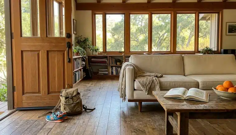 Sunny Ojai vacation home living room with daypack, trail guidebook and oranges, ready for the best hikes near Ojai