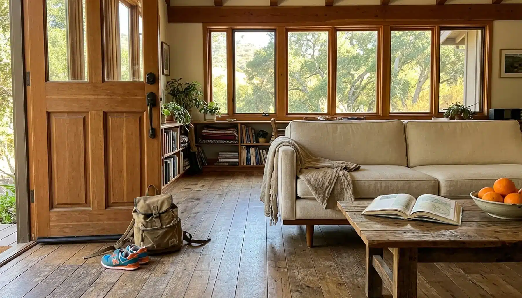 Sunny Ojai vacation home living room with daypack, trail guidebook and oranges, ready for the best hikes near Ojai