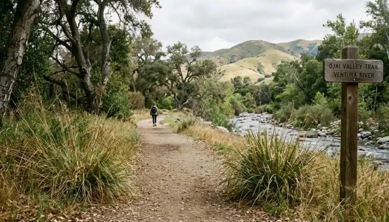 Flat Ojai Valley Trail path beside the Ventura River, a quiet alternative for visitors searching cable cars Ojai