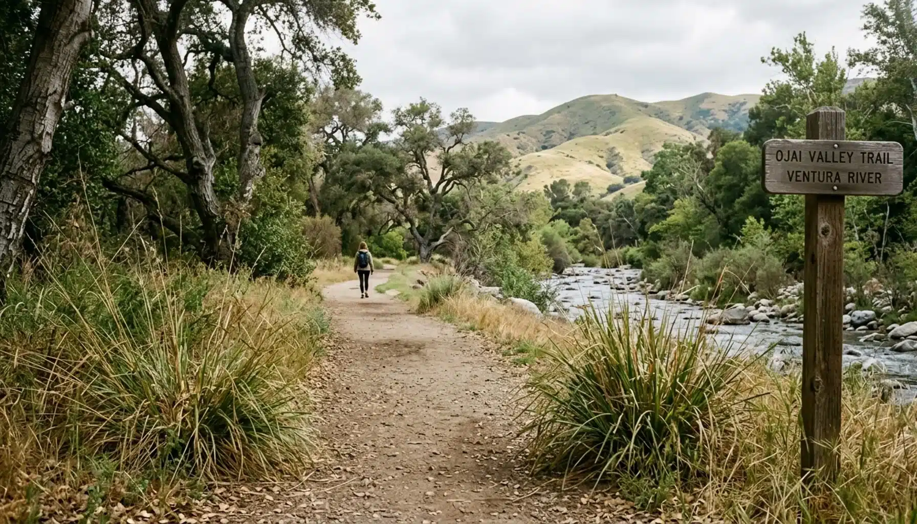 Flat Ojai Valley Trail path beside the Ventura River, a quiet alternative for visitors searching cable cars Ojai