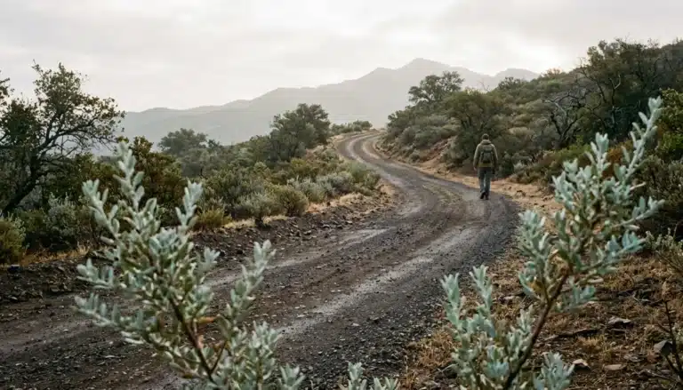 Fire road climbing through chaparral toward Chief Peak Ojai in Los Padres National Forest on an overcast morning
