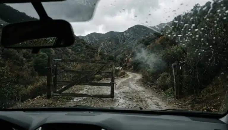 Closed gate on a Matilija Canyon road near Ojai leading toward Ecotopia Hot Springs on a misty, overcast day