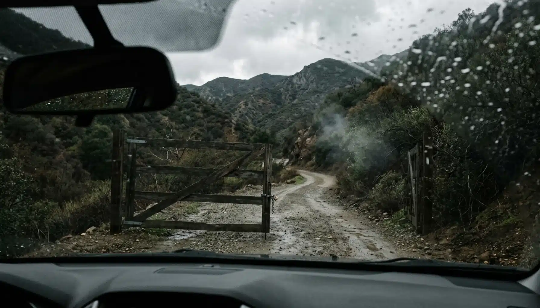 Closed gate on a Matilija Canyon road near Ojai leading toward Ecotopia Hot Springs on a misty, overcast day