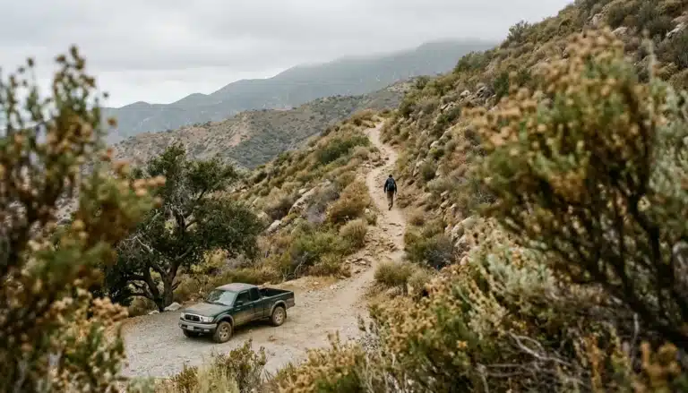 Gridley Trail Ojai CA dirt path climbing through chaparral toward Nordhoff Ridge with a small roadside parking pullout