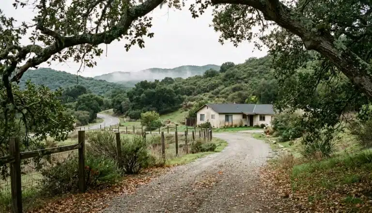 Rural road and ranch-style house near Casitas Springs, setting for a Johnny Cash Ojai home visit guide