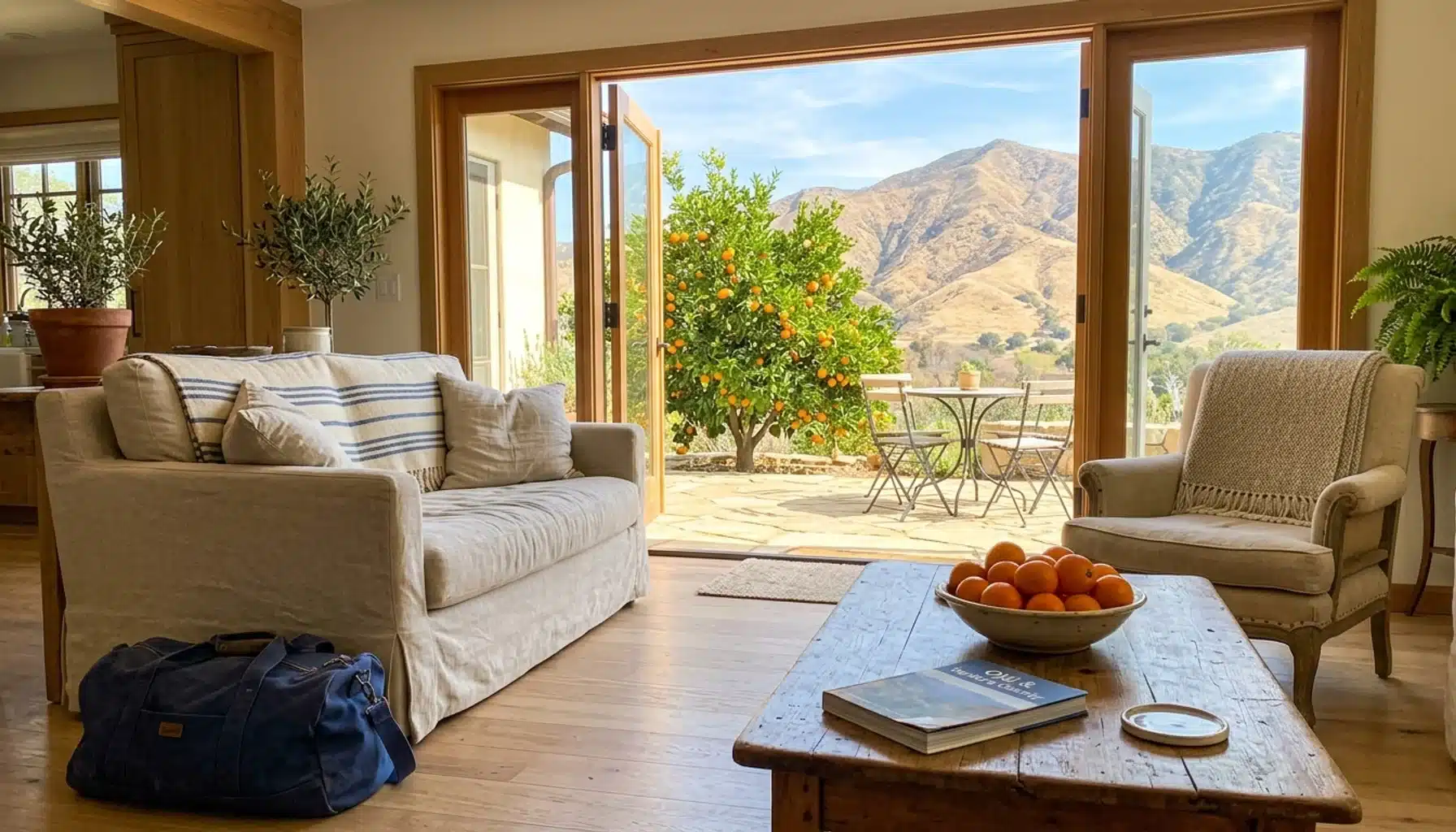 Sunny Ojai vacation rental living room with tangerines and patio doors, a good setting for planning the ojai best time to visit