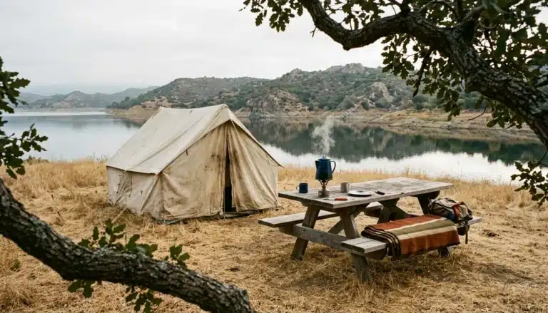 Tent and camp stove beside Lake Casitas, a classic ojai camping spot on an overcast morning