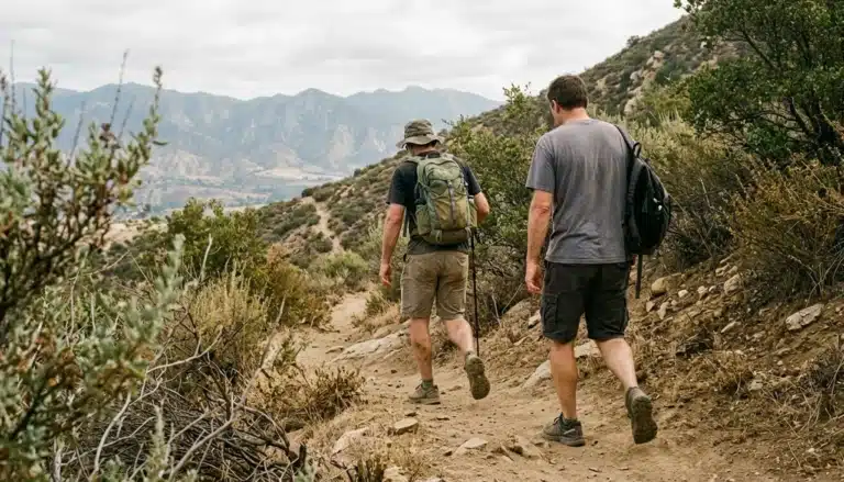 Two hikers walking uphill on a chaparral trail, capturing the feel of Ojai hiking in the valley's preserves