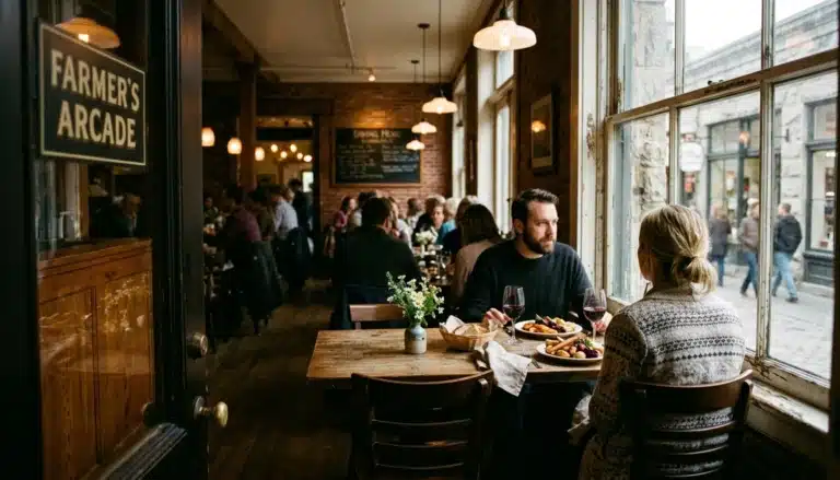 Diners at a farm-to-table table with vegetable plates and wine at Ojai Mountain Farm in downtown Ojai