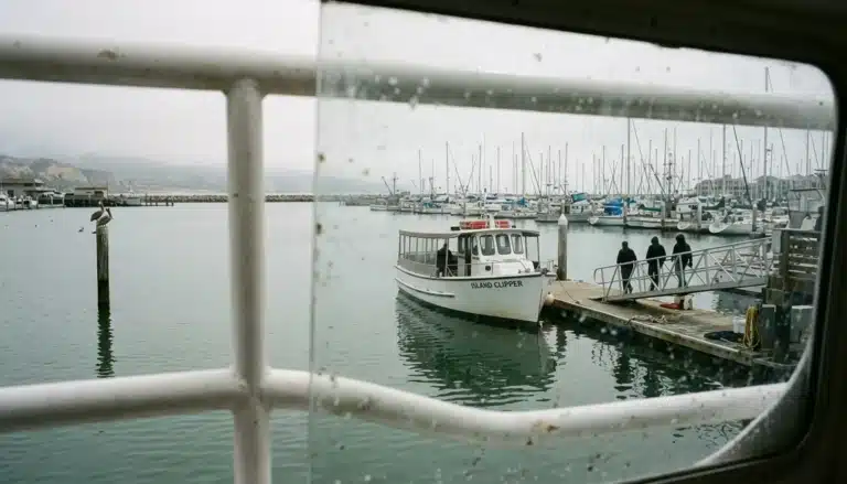Ventura Harbor boat dock on a misty morning, a starting point for things to do in Ventura County California