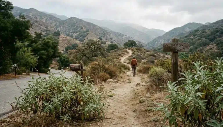 Walk-in Fox Canyon trailhead path at Valley View Preserve with a hiker heading into chaparral hills in Ventura County